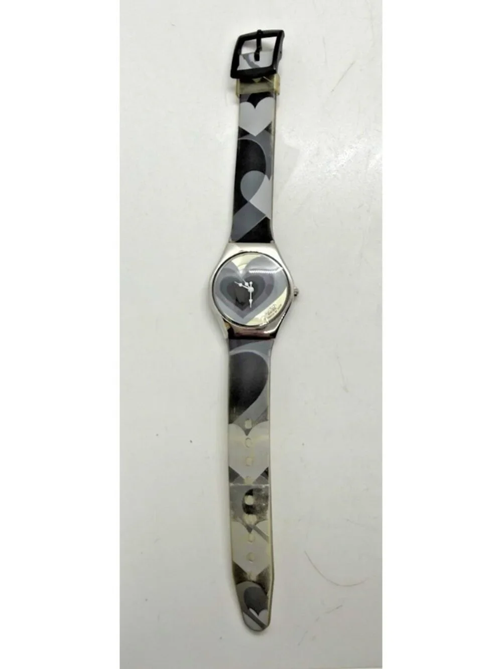 Swatch AG200 Women's Watch Hearts Silver Tone Case Gray Blue Plastic Band Quartz